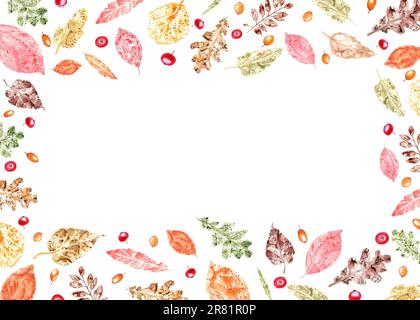 Cornice orizzontale di coloratissime stampe di foglie autunnali, spina di mare, mirtilli rossi isolati su sfondo bianco. Illustrazione acquerello Foto Stock