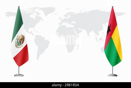 Bandiere di Messico e Guinea Bissau per l'incontro ufficiale sullo sfondo della mappa mondiale. Illustrazione Vettoriale