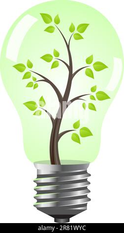 Lampadina con albero all'interno. Illustrazione vettoriale, isolata su bianco. Illustrazione Vettoriale