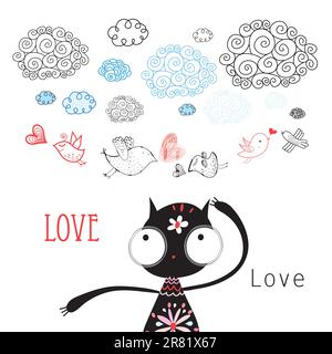 simpatici amanti degli uccelli e gatto tra le nuvole Illustrazione Vettoriale