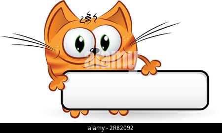 Un sorridente, funny cat tenendo un segno bianco nella sua mano. Illustrazione in bianco. Illustrazione Vettoriale