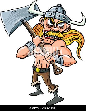 Cartoon Viking con un'ascia enorme. Isolato su bianco Illustrazione Vettoriale