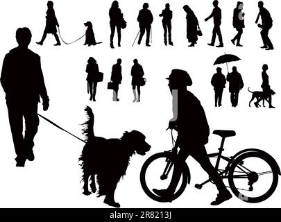 Oltre dieci sagome vettoriali nere. Persone che camminano con i cani, da sole e in bicicletta. Abbigliamento casual primaverile. Illustrazione Vettoriale