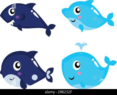 Collezione di vita marina oceanica tra cui squali, delfini, balene e Orca. Illustrazione Vettoriale