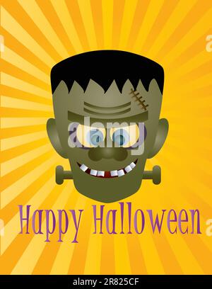 Happy Halloween Frankenstein Monster con raggi di sole e illustrazione di testo Illustrazione Vettoriale