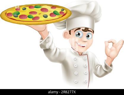 Pizza Chef facendo un segno in buone condizioni e con in mano una gustosa pizza cercando Illustrazione Vettoriale