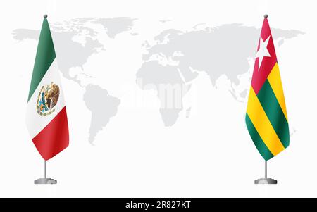 Bandiere del Messico e del Togo per l'incontro ufficiale sullo sfondo della mappa mondiale. Illustrazione Vettoriale