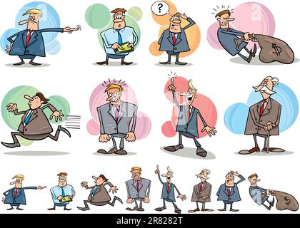 Illustrazione del fumetto di divertenti imprenditori in diverse situazioni Illustrazione Vettoriale
