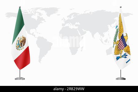 Messico e Stati Uniti le bandiere delle Isole Vergini per l'incontro ufficiale sullo sfondo della mappa mondiale. Illustrazione Vettoriale