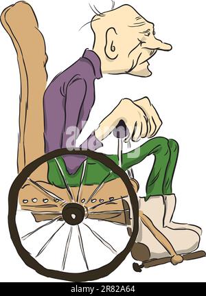 Il nonno siede su una sedia a rotelle. Illustrazione vettoriale. Cartone animato. Illustrazione Vettoriale