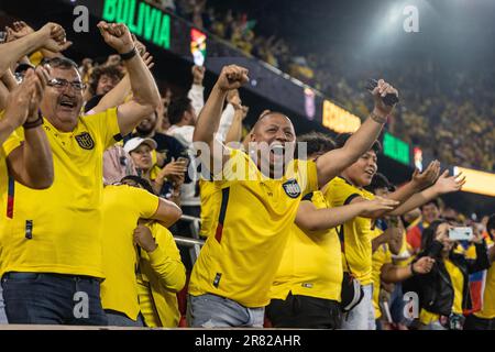 I fan della squadra dell'Ecuador festeggiano durante la partita amichevole contro la Bolivia sulla Red Bull Arena il 17 giugno 2023 Foto Stock