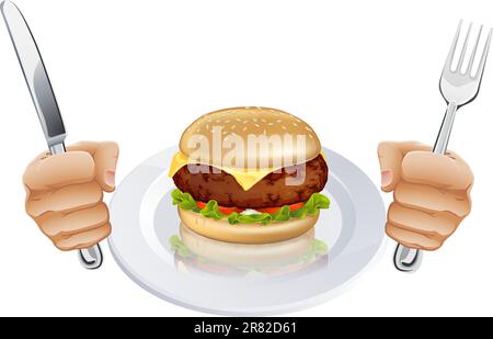 Un hamburger su una piastra con le mani tenendo un coltello e forchetta Illustrazione Vettoriale