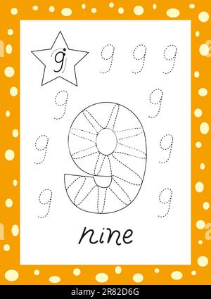 numeri da colorare per bambini. Numeri arabi disegnati a mano da uno a nove. Illustrazione Vettoriale