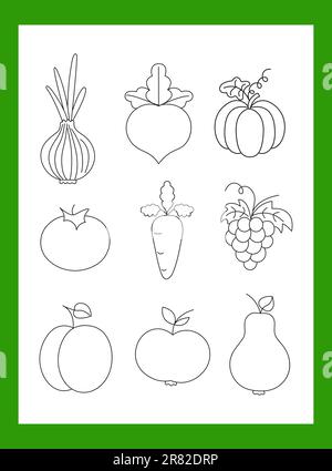 Set di icone piatte di frutta e verdura con disegno con linee nere su sfondo bianco Illustrazione Vettoriale