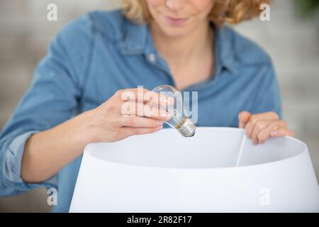 felice casalinga cambiare le lampadine Foto Stock