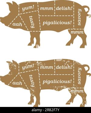 Vector Illustration, basato su un tradizionale diagramma di macelleria che mostra diversi tagli di maiale con etichette umoristiche come “Tasty” e “Porkalicious”. In... Illustrazione Vettoriale