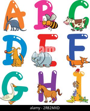 Cartoon alfabeto colorato insieme divertente con animali Illustrazione Vettoriale