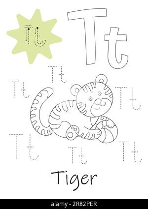 Libro da colorare - copybook per bambini. Lettera T. Illustrazione Vettoriale