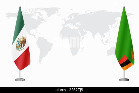 Bandiere del Messico e dello Zambia per l'incontro ufficiale sullo sfondo della mappa mondiale. Illustrazione Vettoriale