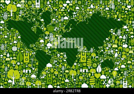 Ambiente verde icon set in giro per il mondo mappa forma. File vettoriale stratificata per una facile manipolazione e colorazione personalizzata. Illustrazione Vettoriale
