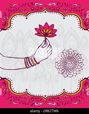 Mano di una donna indiana che tiene un fiore di loto su sfondo bianco e rosa. File vettoriale disponibile. Illustrazione Vettoriale