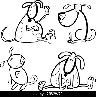 Cartoon illustrazione di quattro simpatici cani o cuccioli impostata per il libro da colorare Illustrazione Vettoriale