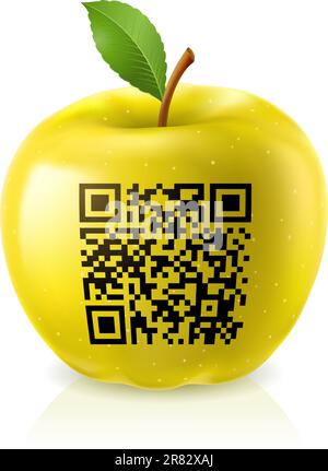 Apple giallo e il codice QR. Illustrazione astratta di designer su sfondo bianco Illustrazione Vettoriale