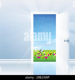 Concetto di porta aperta. La porta si apre su un bellissimo campo lussureggiante sotto un cielo blu. Illustrazione Vettoriale