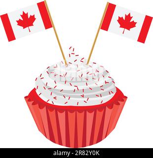 Felice giorno Canada il bianco e il rosso tortina con bandiere canadesi illustrazione Illustrazione Vettoriale