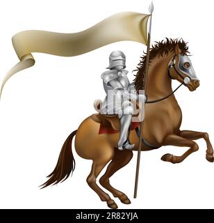 Cavaliere con lancia e banner montato su un cavallo potente Illustrazione Vettoriale