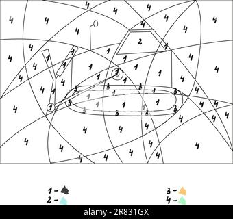 Colore del gioco per numero bulldozer. Divertente libro educativo da colorare per i bambini. Illustrazione Vettoriale