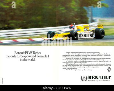 Renault F1 V6 Turbo annuncio in una rivista Natgeo ottobre 1979 l'unica Formula 1 turbo al mondo campagna. Foto Stock
