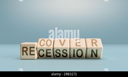 blocco di legno business recessione recuperare testo carattere finanziario debito depressione crisi crescita inflazione concetto di riferimento diagramma soluzione profitto informazioni Foto Stock