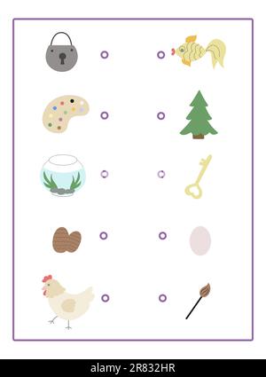 Gioco educativo per bambini. Trovare un paio di oggetti e collegarli con linee. Illustrazione vettoriale. Illustrazione Vettoriale