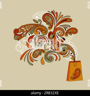 concetto di shopping vettoriale con una shopping bag e elementi floreali in paisley che volano da elementi in paisley, eps 8 file completamente modificabile Illustrazione Vettoriale