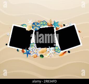 Pictures, shells and starfishes on sand background. Vector illustration. Stock Vector