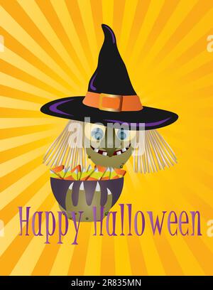 Happy Halloween strega con una ciotola di caramelle Dolcetto o Scherzetto raggi di sole illustrazione dello sfondo Illustrazione Vettoriale