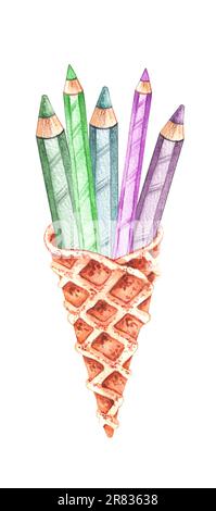 Matite di ritorno a scuola in cialda isolata su fondo bianco. Cartoleria acquerello disegnata a mano. Matite colorate per il design di notebook, nota Foto Stock