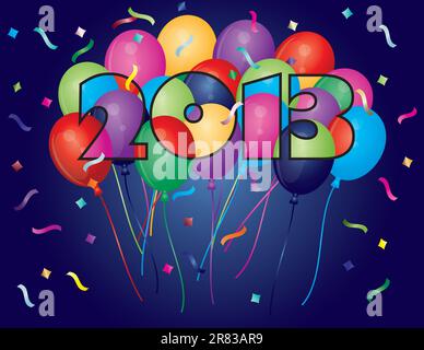Palloncini colorati nel Nuovo Anno 2013 Numero contorno Silhouette con i confetti illustrazione Illustrazione Vettoriale