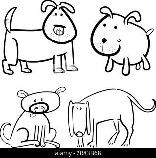 Cartoon illustrazione di quattro simpatici cani o cuccioli impostata per il libro da colorare Illustrazione Vettoriale