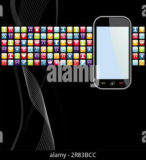 Applicazione smartphone icone su sfondo nero. File vettoriale stratificata per una facile manipolazione e personalizzazione. Illustrazione Vettoriale