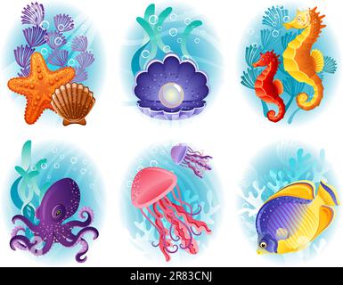 Illustrazione vettoriale - Set di icone animali marini Illustrazione Vettoriale