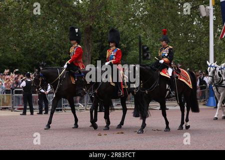 Londra, Regno Unito. 17th giugno, 2023. Principe Guglielmo il Principe di Galles, Principe Edoardo il Duca di Edimburgo e Principessa Anna la Principessa reale, alla Trooping of the Colour. La ricerca del colore segna tradizionalmente il compleanno ufficiale del Sovrano e 1.400 soldati, 200 cavalli e 400 musicisti sfilano per re Carlo III, con l'evento che termina con un cavalcavia RAF come orologio della Famiglia reale dal balcone di Buckingham Palace. Credit: Paul Marriott/Alamy Live News Foto Stock