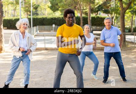 Gli anziani felici e le persone di mezza età che si allenano insieme ballano in un parco soleggiato Foto Stock