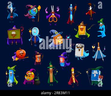 Cartoni animati mago della cancelleria di Halloween, stregone, mago, stregone e personaggi delle streghe. Borsa vettoriale, vetro, gomma, affilatrice e globo. Libro di testo, penna, astuccio e bussola, forbici e vernici Illustrazione Vettoriale