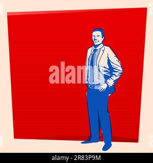 Uomo d'affari blu su sfondo rosso con illustrazione stile anni '60 Illustrazione Vettoriale