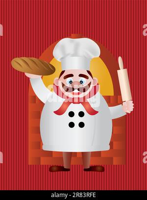 Baker Chef con il pane e il mattarello dal forno di mattoni su strisce rosse illustrazione dello sfondo Illustrazione Vettoriale