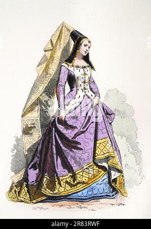 Maria di Borgogna, francese: Marie de Bourgogne un membro della Casa di Valois-Borgogna, moda medievale 15th ° secolo, illustrazioni di inglese e per Foto Stock