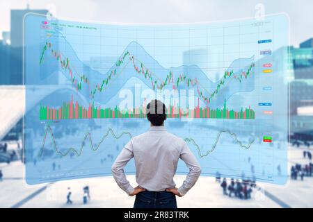 Dati di negoziazione in borsa e investimenti finanziari. Persona che utilizza l'interfaccia di trading online con grafici e statistiche sullo schermo del computer VR per analizzare Foto Stock