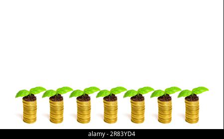 Una fila di sette pile di monete, ognuna adornata con giovani pianta freschi isolati su sfondo bianco. Concetto correlato agli investimenti creativi. Foto Stock